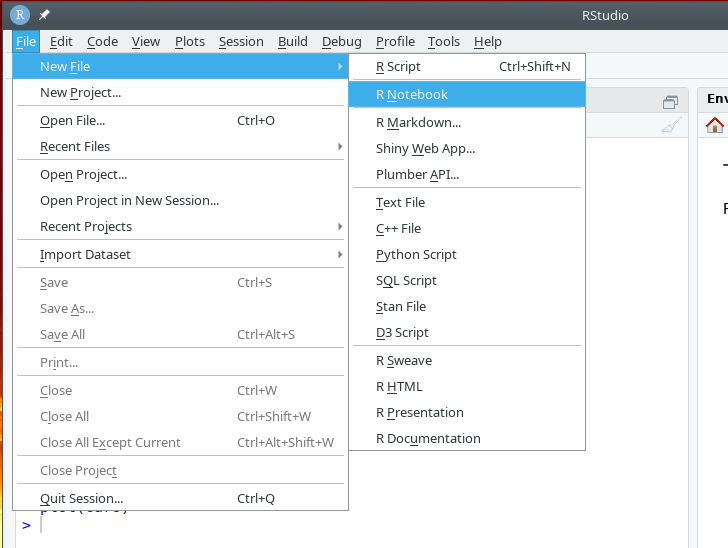 R Studio New File menu